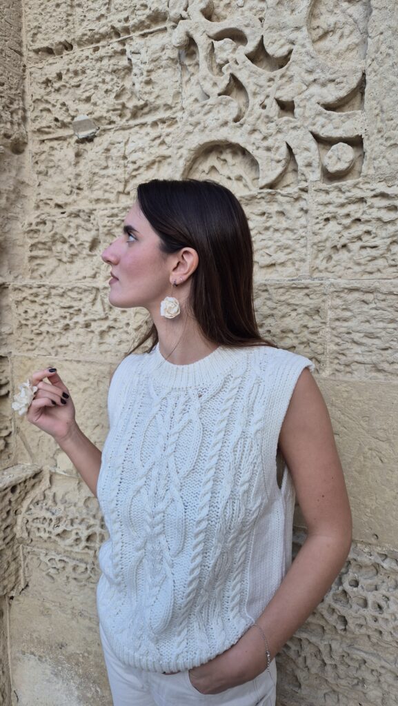 Dolcino earrings in paper mache, handmade in Lecce and worn